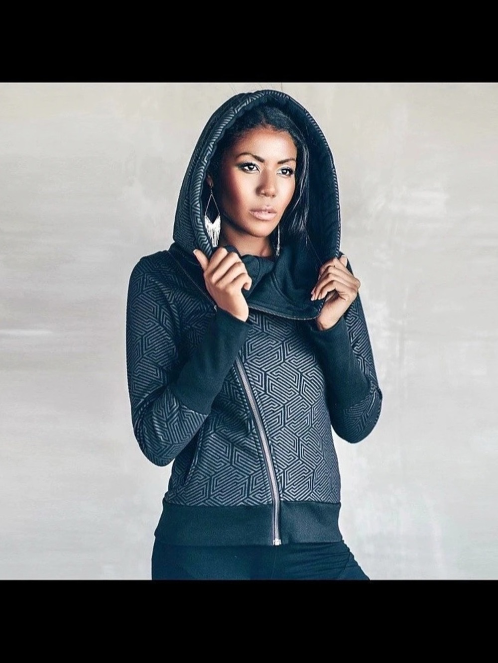 Black geometric hoodie, asymmetric zip, large hood, cotton fleece handmade